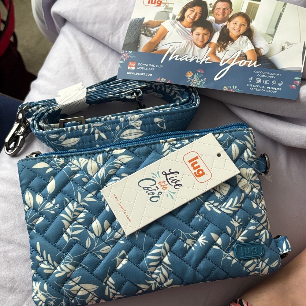 Lug New With Tags Absolutely Beaitiful Quilted Blue Bag with White Leaf Design